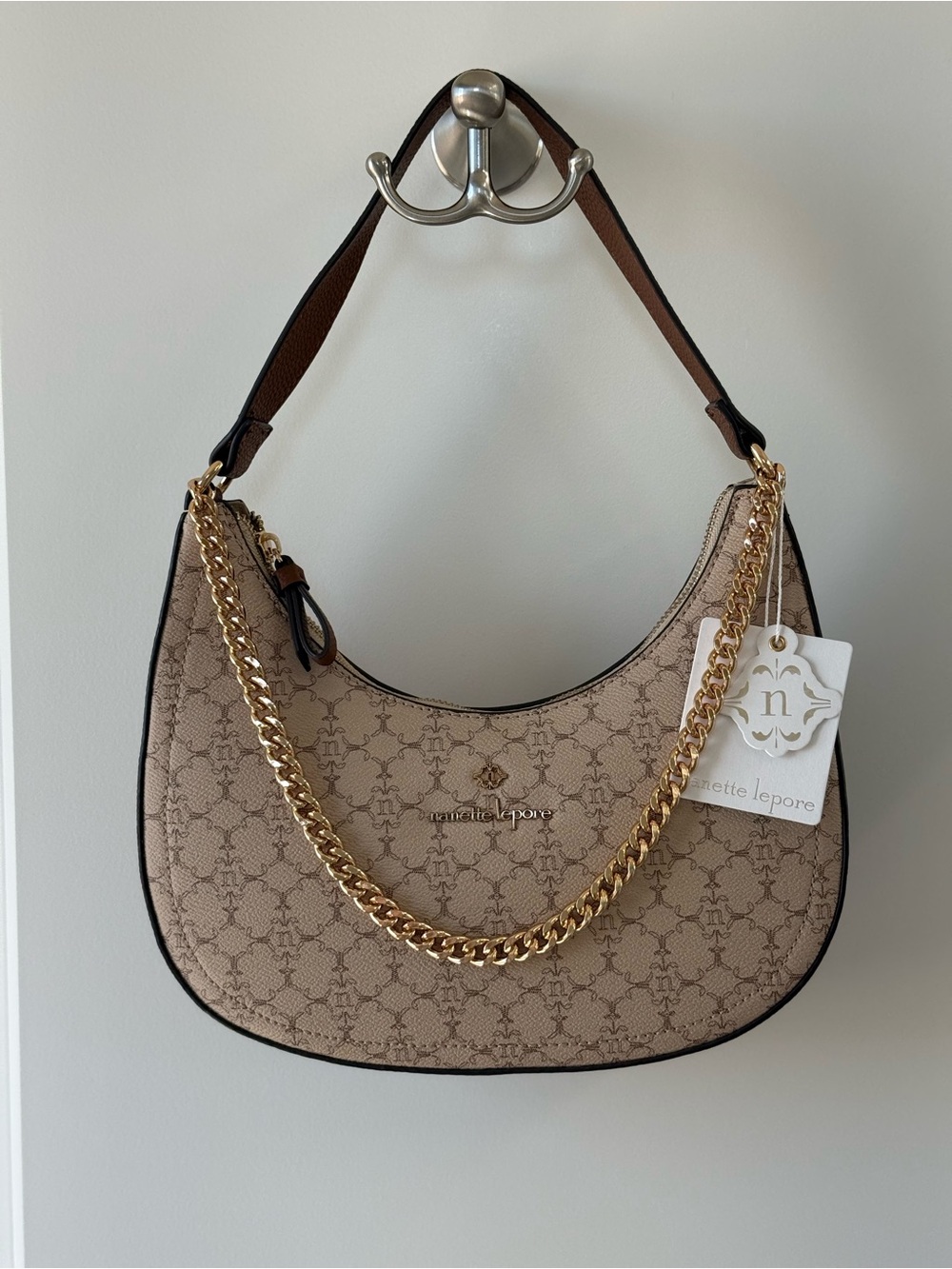 Nanette Lepore Beige Logo-Print Chain Hobo Bag NWT